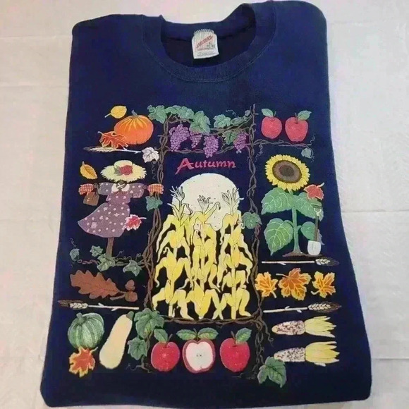 Vtg Jerzees Sweatshirt Womens XL Autumn Scarecrow Pumpkins Grandmacore 90s USA - Picture 11 of 12